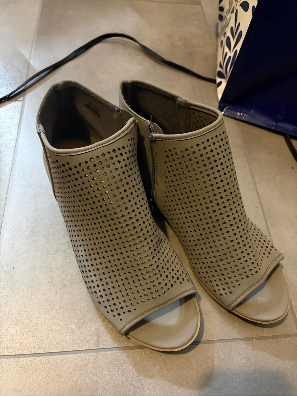 Womens Grey Perforated Peep-Toe Booties